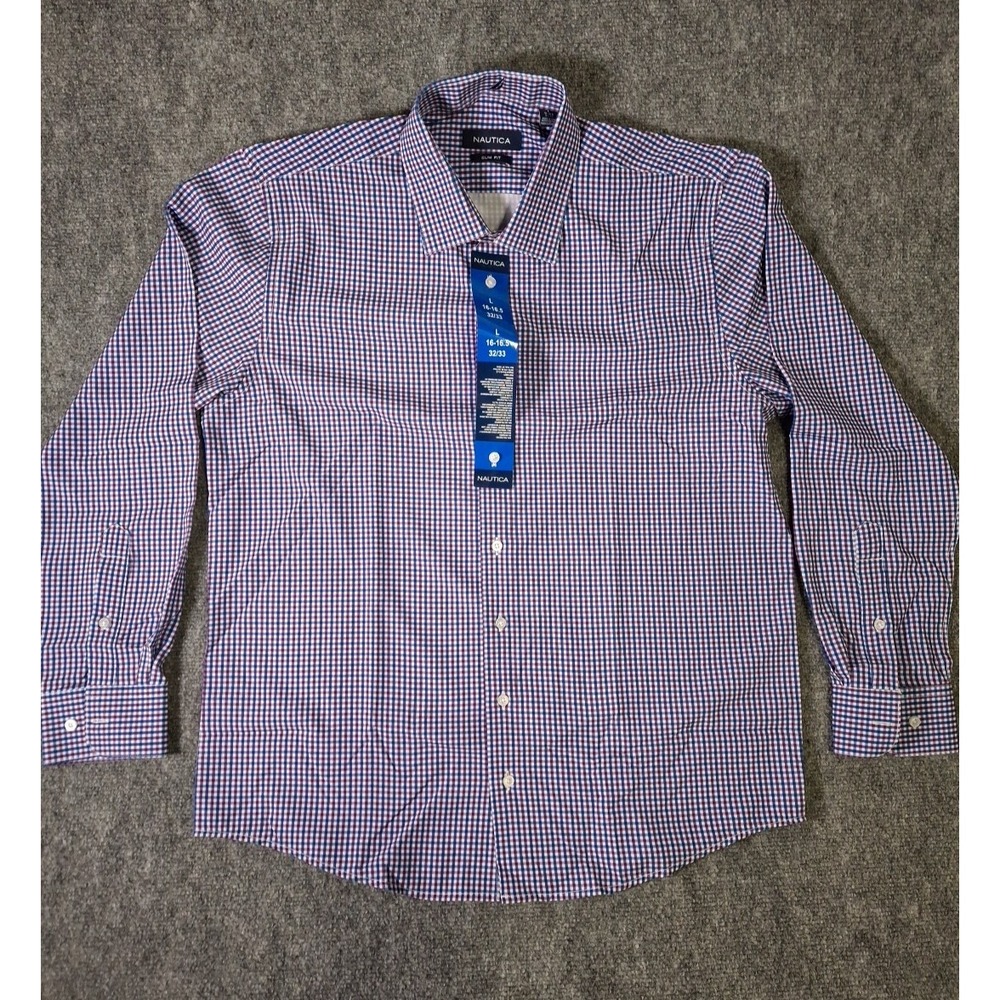 Nautica Mens Blue Purple Plaid Slim Fit Dress Shirt Large 16-16.5 32/33 NEW